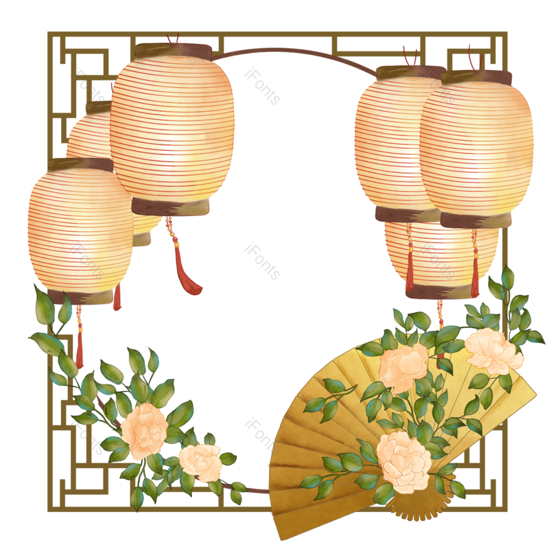 边框图片,扇子元素,水彩PNG,鲜花免抠素材